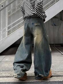 1pc Men's Japanese Style Ripped Patchwork Wide Leg Jeans, Vintage Distressed Casual Loose Fit Denim Pants (Belt And Accessories Not Included) - Dusty Blue - View 3