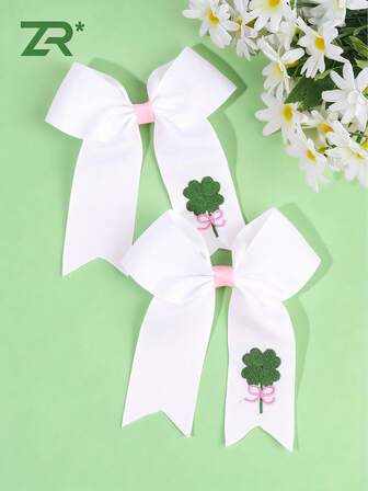 2 pezzi Fermagli per capelli bianchi, adatti per ragazze e adolescenti, fermagli per capelli con ricamo a quadrifoglio verde, fermagli per capelli con fiocco in tessuto casual e code, fermagli per capelli per San Patrizio, accessori per capelli per le vacanze, amuleto portafortuna per feste, adatti per l'uso quotidiano delle donne