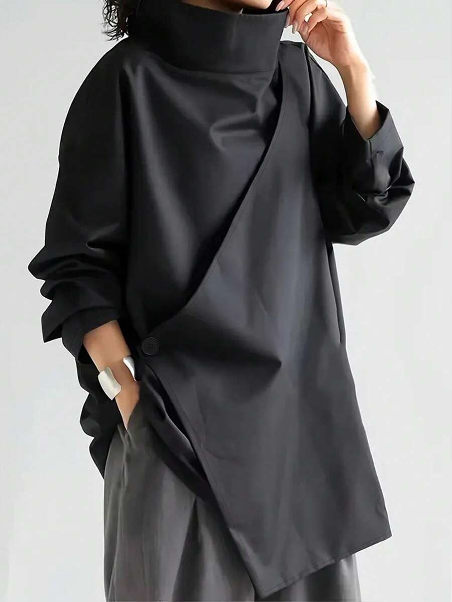 Women's Casual High Neck Loose Pullover Sweater, Solid Color Woven Fabric, Button Decor, Suitable For Office, Daily Wear, Vacation, Spring/Autumn - Black - View 1