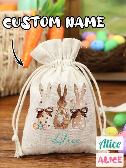 Custom Name Easter Bunny Drawstring Bag, Personalized Easter Treat Pouch, Customized Easter Gift Bag, Customizable Easter Celebration Accessory, Festive Easter Present Bag, Unique Personalized Easter Storage Pouch, Ideal For Easter Gift Giving
