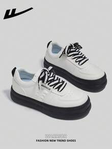 1双 WARRIOR 女士厚底系带软底休闲鞋，低帮户外平底鞋，圆头低跟优雅软底徒步鞋，适合学生、毕业照穿着，平底皮质休闲运动鞋 - 米白/黑 - 查看 5