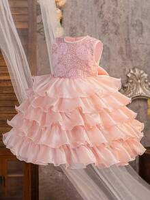 女童仿珍珠亮片花朵欧根纱优雅多层蛋糕公主裙，适合毕业典礼、舞会、生日派对、正式场合，不含头饰 - 淺粉色 - 查看 7