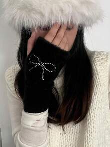 1 Pair Solid Color Rhinestone Bow Half Finger Gloves, Women's Plush Half Finger Gloves Suitable For Outdoor Warmth And Cold Protection In Autumn/Winter - Multicolor - View 3