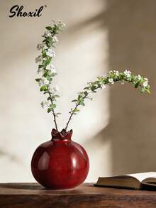 shoxil 1个陶瓷石榴造型花瓶，深红色，小型室内花瓶，桌面装饰，花架，水培种植器，适用于家居、餐厅、大堂、客厅装饰，玻璃花瓶装饰，斋月装饰 - Vase - 查看 1