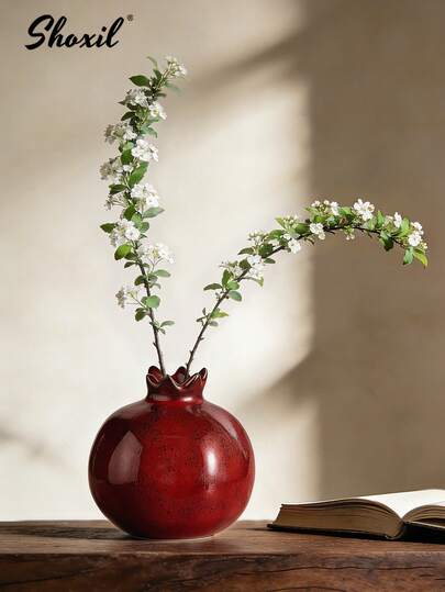 shoxil 1个陶瓷石榴造型花瓶，深红色，小型室内花瓶，桌面装饰，花架，水培种植器，适用于家居、餐厅、大堂、客厅装饰，玻璃花瓶装饰，斋月装饰