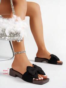 新款女士套脚拖鞋，休闲平底沙滩凉鞋，蝴蝶结装饰，简约舒适，大码可选，春夏穿搭 - 黑色 - 查看 6