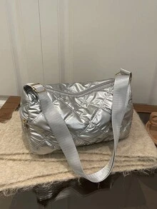 1pc Quilted Shiny Polyester Zipper Crossbody Bag, Fashionable For Women Daily Use - Silver - View 6