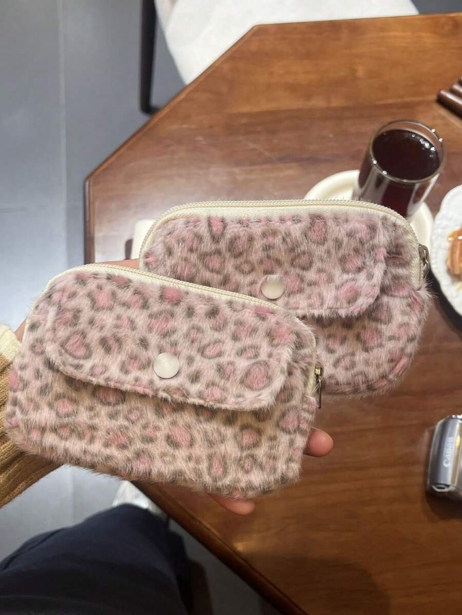 粉色豹纹零钱包 可爱甜美相机收纳包 毛绒大容量便携卡包 旅行口红化妆包 化妆包 旅行必备 - 彩色 - 查看 1