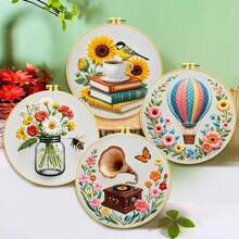 1 Set 11CT Cross Stitch Embroidery Kit, DIY Handmade Embroidery, Gramophone, Hot Air Balloon, Bee, Vase, Floral, With 3-Strand Thread, Bamboo Embroidery Hoop, Pattern Chart
