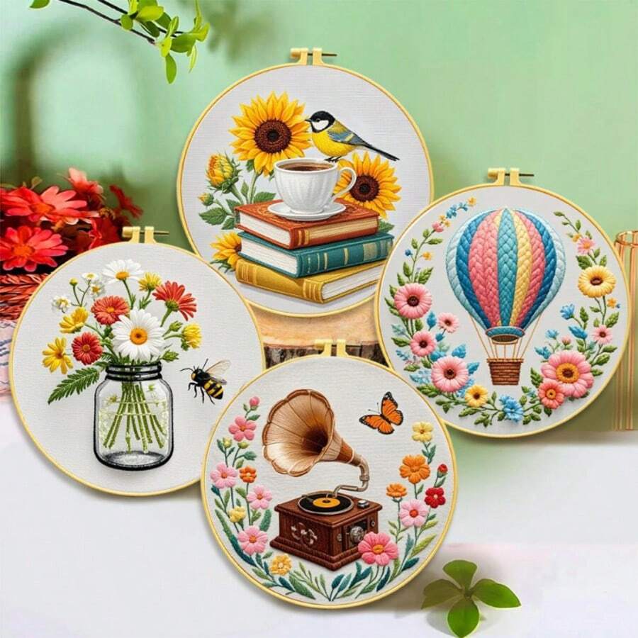 1 Set 11CT Cross Stitch Embroidery Kit, DIY Handmade Embroidery, Gramophone, Hot Air Balloon, Bee, Vase, Floral, With 3-Strand Thread, Bamboo Embroidery Hoop, Pattern Chart
