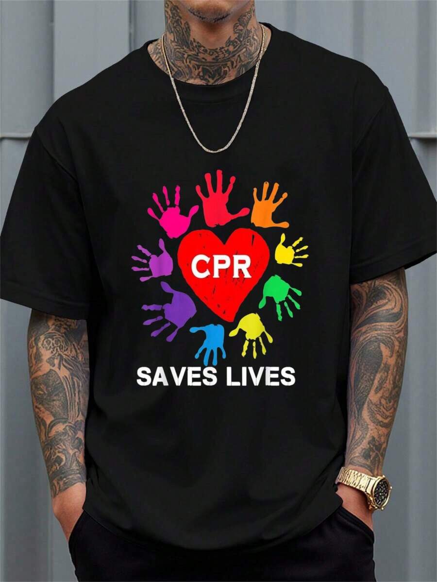 100% Cotton Funny CPR Saves Lives , Registered Nurse Designs.Jpg Women's Men's Graphic Tee Black Crew Neck T-Shirt Short Sleeve Summer Tee Tops - Black - View 1