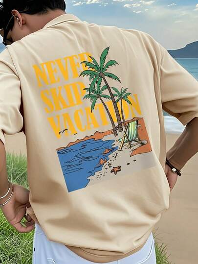 Men's Casual Vacation Style Printed Short Sleeve T-Shirt, Comfortable & Breathable, For Summer