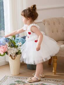 女婴白色亮片撞色红色爱心贴花优雅情人节派对礼服，公主裙，适合女婴一周岁生日派对、婚礼花童、奢华场合庆典礼服 - 白色 - 查看 10