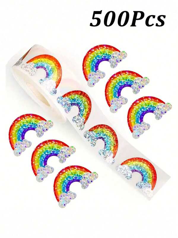 500 naklejek/rolka, błyszczące, tęczowe naklejki laserowe – idealne na laptopy, bagaż, koperty, kubki, scrapbooking, dekoracje okienne – idealne na prezenty i przyjęcia świąteczne! Kolorowe, zaklejone naklejki na koperty, do pamiętników i jako nagrody urodzinowe/dla nauczycieli
