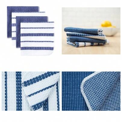 Blue And White Striped Cotton Waffle Dishcloths 4 Pack 12x12 Inch Kitchen Towels