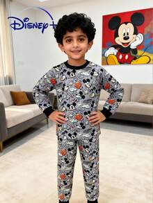 Disney Bộ đồ 2 món cho bé trai: Áo dài tay và quần in hình chuột Mickey và nhạc cụ, thoải mái, dễ thương, đa năng, phù hợp cho mùa xuân/thu/đông, đi chơi, dã ngoại và dự tiệc. - màu đen - Xem 2