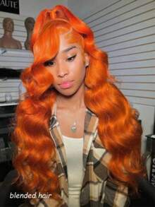 36英寸 13x4 高清蕾丝 180% 密度闭合式假发，真人混纺发，姜橙色假发，真人混纺发，预拔毛水波纹闭合式假发，巴西真人混纺发假发，女士假发，13x4 蕾丝假发，10-36英寸 - S350 - 查看 4