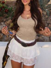 Áo hai dây dệt kim gân vàng ánh kim dành cho nữ, kiểu dáng thường ngày, thời trang ôm sát, thích hợp mặc đi dự tiệc, chất liệu sợi ánh kim. - Lạc đà - Xem 2