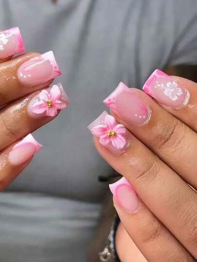 24 Stück kurze quadratische 3D Gel Nagel Aufkleber, Perlen Dekor Design, rosa französische Acryl Nagel Streifen, perfekt für kurze Nägel, Set beinhaltet 1 Gelee Gel und 1 Nagelfeile, einfach zu tragen, geeignet für Sommer Maniküre und französische Maniküre, geeignet für Frauen und Mädchen für den täglichen Gebrauch und Partys. Nagelpflege-Zubehör