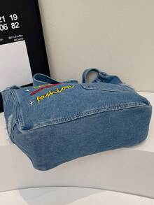 1个休闲简约大容量牛仔布手提包，简约百搭单肩/斜挎购物包 - 淺藍色 - 查看 9