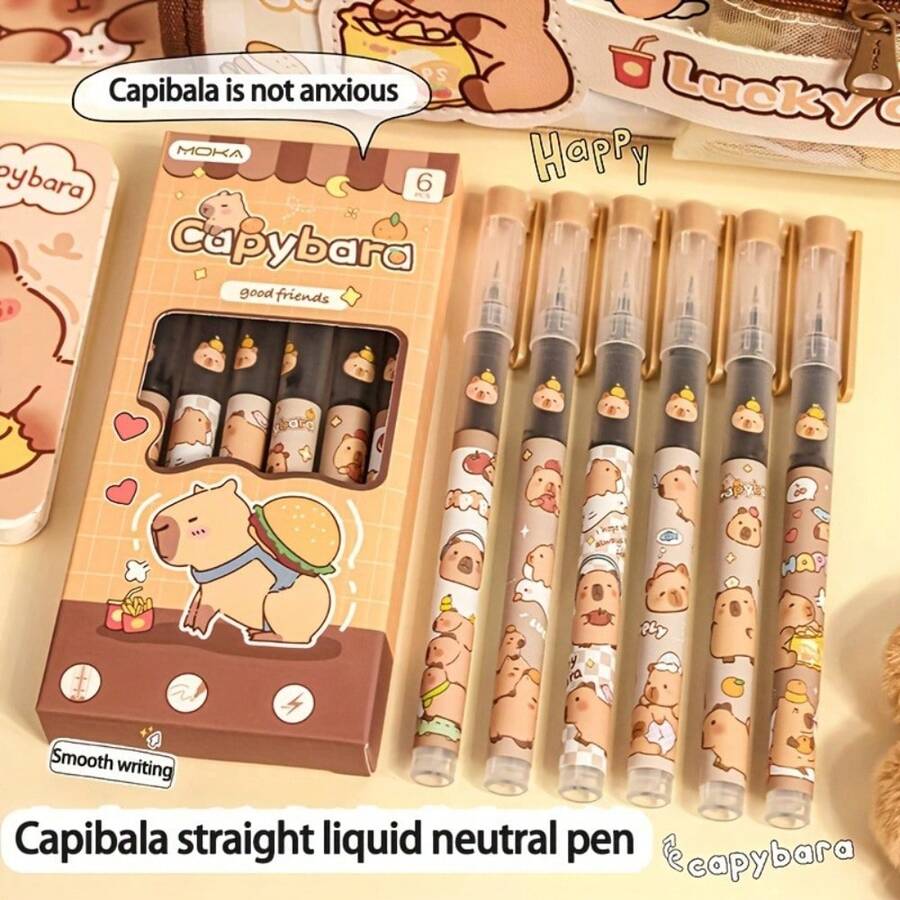 6-Pack Capybara Gel Ink Pens, Quick-Drying Plastic Medium Point 0.5mm For Smooth Writing, Cute Animal Design Rollerball Pens For Students & Office - Multicolor - View 1