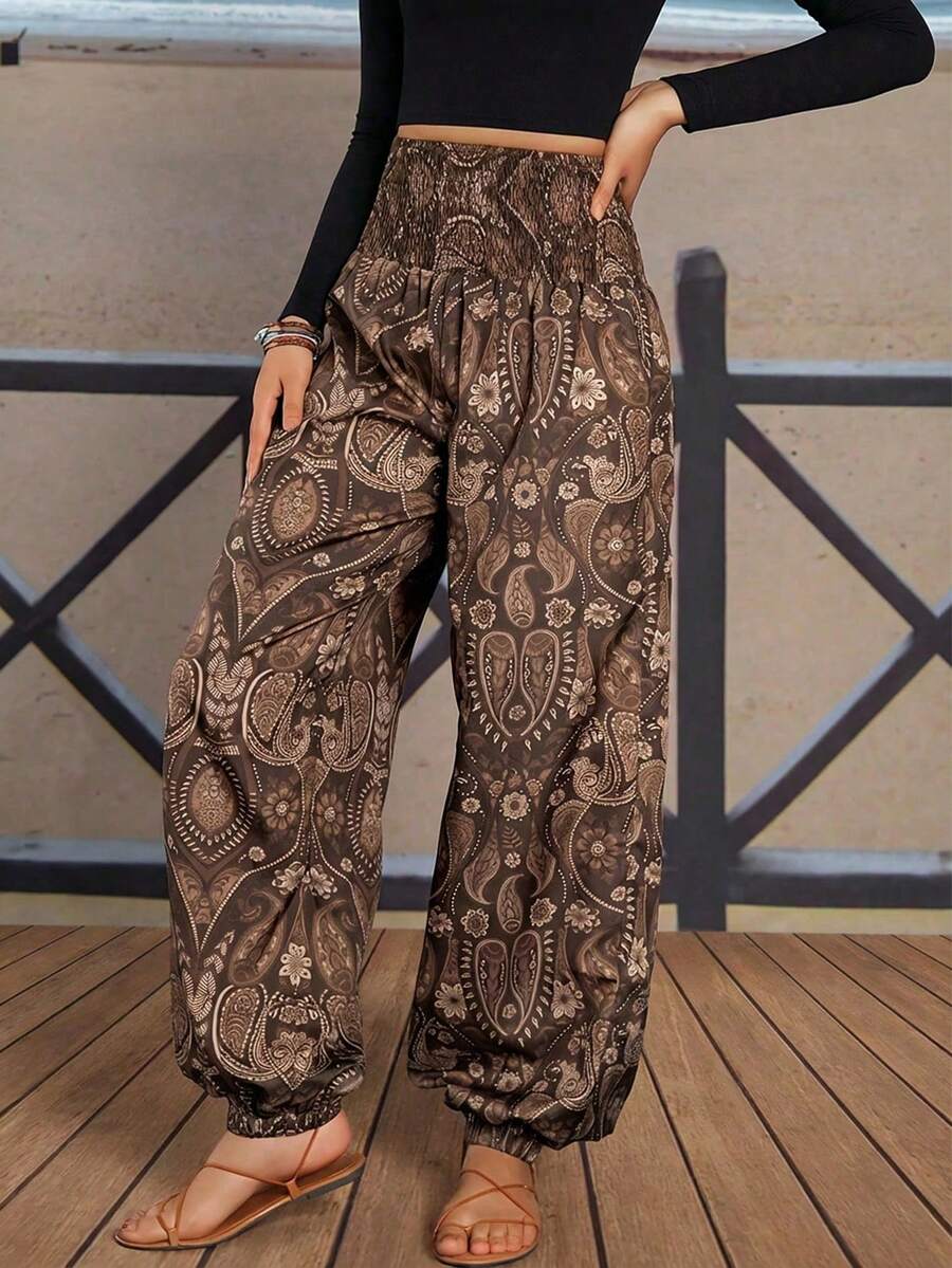 Paisley Print Full Body Pocket Zipper Pant Spring - Brown - View 1