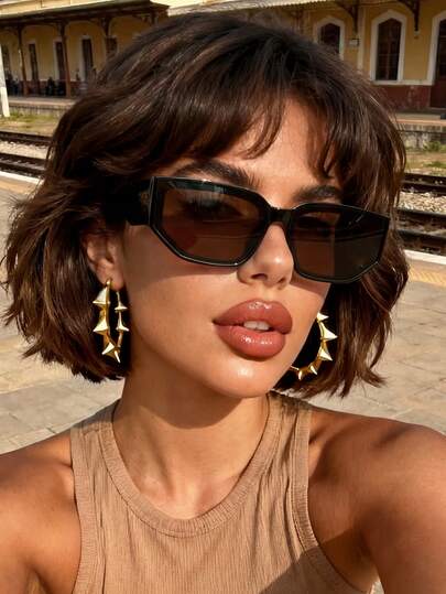 1 Pair Unisex Brown Cat Eye Polygon Minimalist Fashion Sunglasses, Suitable For Holiday Gifts, Street Style, Tropical Beach Vacation, Outings, Dates, And Other Occasions, Fashionable Accessory, Also Suitable For Back To School, College, And Campus Styles