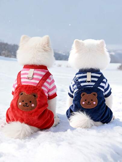 Mono a rayas 2 en 1 con tirantes de peluche para perros pequeños, rojo/azul, atuendo cálido de otoño/invierno con clip para correa, adecuado para mascotas de raza pequeña