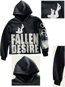FALLEN DESIRE Graphic Hoodie Men Women Casual Embroidered Letter Sweatshirt Autumn And Winter Couple's Top Y2k Hoodie Tracksuit Pullover Sweatshirt - 黑色 - 查看 3