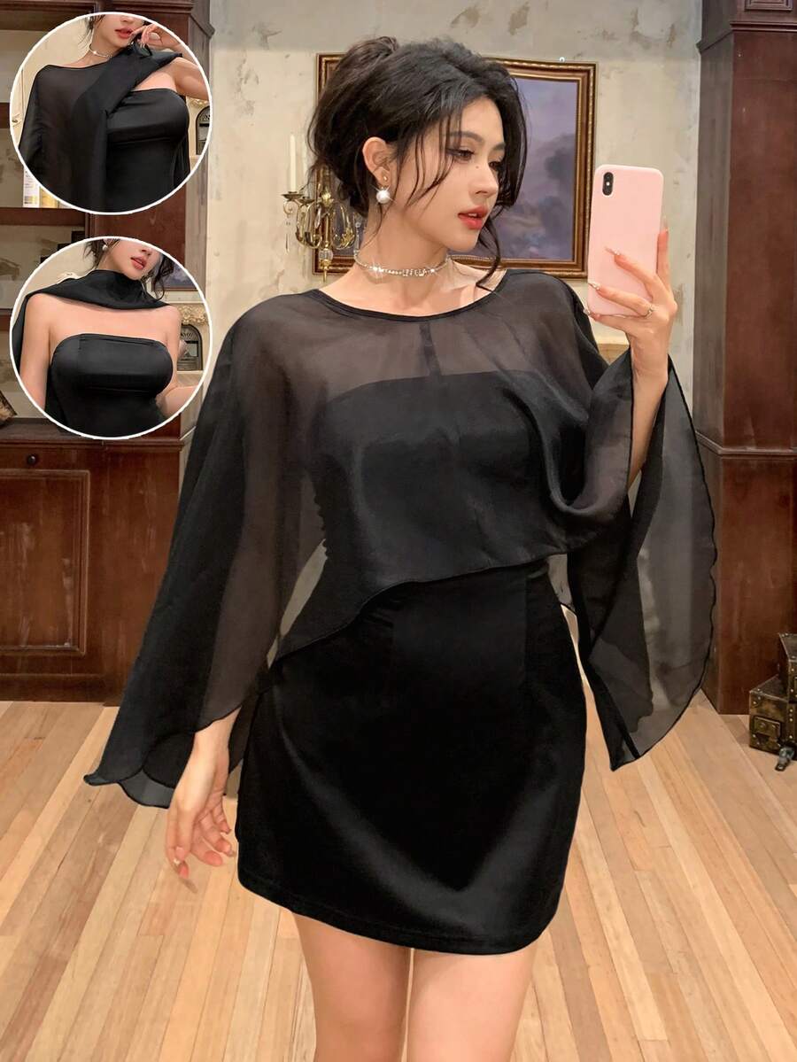abyoxi Đầm slip satin đen gợi cảm, trễ vai, ôm sát, dáng chữ A, thanh lịch, thiết kế vạt chéo bất đối xứng, lãng mạn, mềm mại, thích hợp cho tiệc tốt nghiệp, đám cưới, tiệc tối, sinh nhật, trang phục nữ xuân/hè mới. - Đen tinh khiết - Xem 1