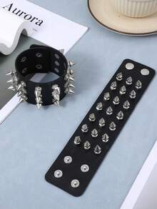 朋克风铆钉皮手链，男女通用，朋克摇滚铆钉手链套装，铆钉皮手链，80年代复古腕带，Emo风格手链，可调节朋克配饰，铆钉皮手链，适合日常佩戴和作为礼物，也适合派对、万圣节等场合。