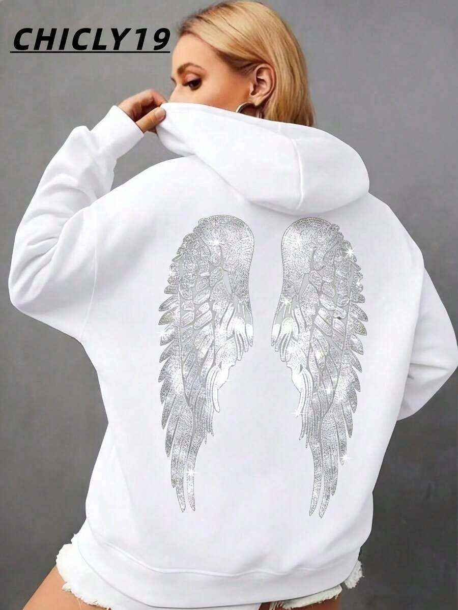 CHICLY19 Women's Oversized Angel Wings Print Hoodie - Black Y2K Back Graphic Pullover, Fall Winter Streetwear Long Sleeve Hooded Top, Loose Fit Casual Daily Wear, Retro Aesthetic Statement Pattern Hooded Sweatshirt For Adults, Comfy Oversized Silhouette Womens Winter Clothes, Sudadera, Pullovers For Women, Sweatshirt, Sweatshirts For WomenY2Y-W- Gras - 白色 - 查看 1