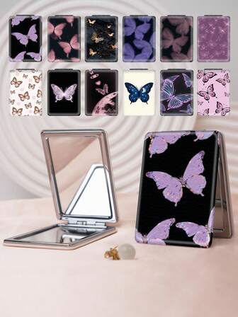 1 pieza Espejo de mano portátil con diseño de mariposa y galaxia floral, estilo de pintura de aceite curativa. Espejo plegable y ultraligero, de cuero de PU duradero, adecuado para múltiples escenas y todo tipo de personas. Estructura plegable exquisita, confiable y conveniente de transportar, con tapa giratoria de 180°, multifuncional.