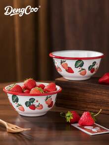 Dengcoo 1个搪瓷碗，可爱草莓图案，沙拉碗，水果碗，酸奶托盘，餐盘，适用于用餐、居家、餐厅、招待客人，斋月期间也可使用。 - Bowl - 查看 3