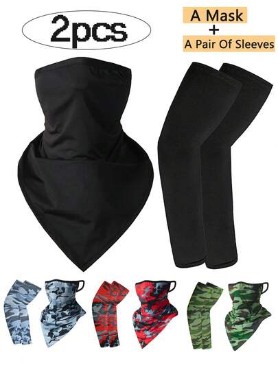 2pcs Sunscreen Cycling Ice Silk Sleeve Set With Ear Hanging Ice Silk Triangular Scarf, Summer Outdoor Sports Cycling Face Mask Sleeve Set Combination, A Unisex Sunshade Set, Men's Outdoor Fishing Camouflage Set, Women's Daily Outdoor Windproof Short Arm Protection Sleeve Set