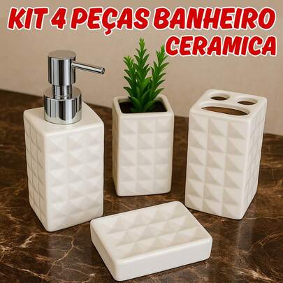 Kit Banheiro 4 Peças Textura Diamante Saboneteira Porta Escova Dente Ceramica Porta Sabonete Líquido