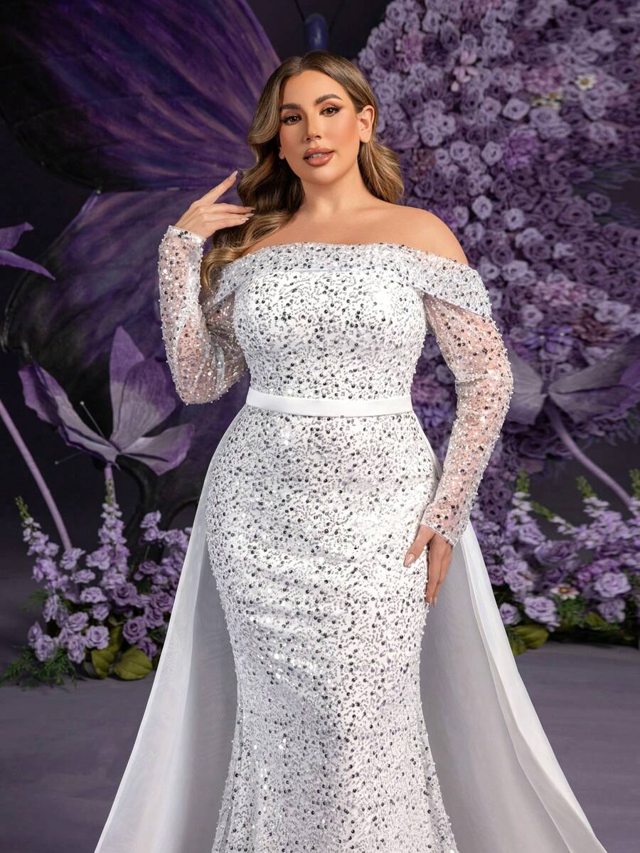Faeriesty 大码女士白色亮片晚礼服，无肩带长袖，全身亮片装饰，美人鱼式拖尾 - 适合婚礼、周年庆典、首映礼、特殊场合 - 白色 - 查看 1