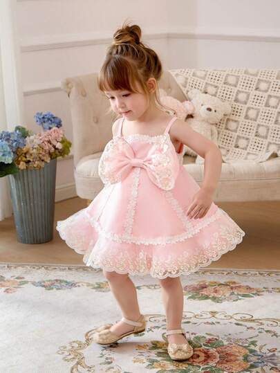 Đầm dự tiệc màu hồng ren thắt nơ thanh lịch cho bé gái, đầm công chúa thích hợp cho tiệc sinh nhật lần thứ nhất, đám cưới, các dịp trang trọng, đầm bé gái dự tiệc cưới.