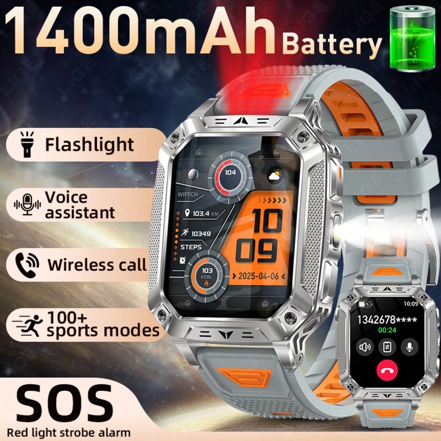 LIGE Nuevo Smartwatch, Batería Ultra Grande de 1400mAh, Linterna LED, talla grande de 100 Modos Deportivos, Resistente al Agua, Apto para Uso Diario,