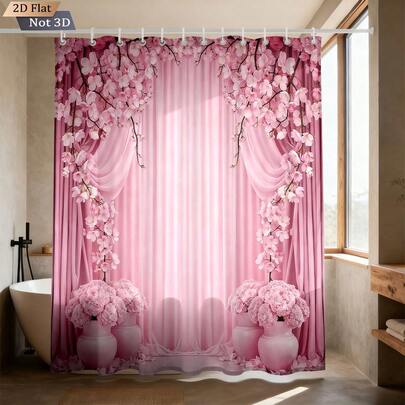 这款3D立体印花少女粉色花卉浴帘，采用粉色涤纶面料，防水防潮，无需打孔即可分隔空间，四季皆宜。它非常适合浴室装饰、浴缸隔断、宿舍装饰和女孩房装饰。提供大号和小号两种尺寸。是一款趣味十足的浴室配件。