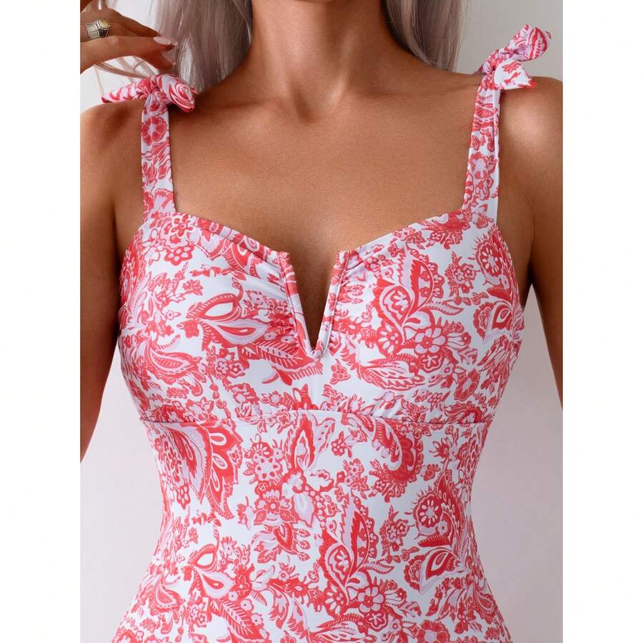 One Piece Swimsuit Red Paisley Floral Deep V Neck - Women's Retro Swimwear Tie Shoulder Tummy Control Corset Bathing Suit For Beach & Summer Vacation - 多色545 - 查看 1