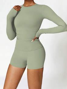 Three-Piece Women's Solid Color Long-Sleeve Crew Neck T-Shirt, Suitable For Valentine's Day, Unisex - đen, xám và xanh lá cây - Xem 2