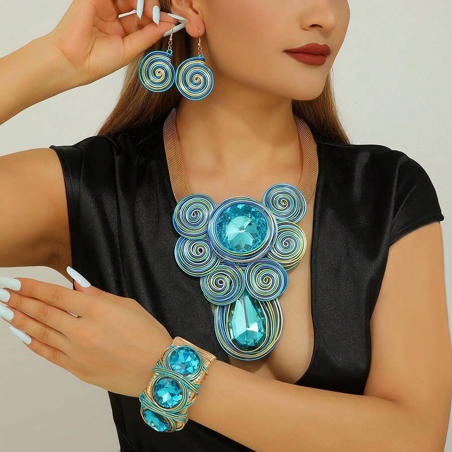 1 Set de collar, aretes y pulsera hechos a mano con alambre de aluminio tejido multicapa, resina y cristales con estilo bohemio, europeo y de Oriente Medio, elegante para mujeres, adecuado para fiestas, banquetes y vacaciones - Celeste - Ver 1