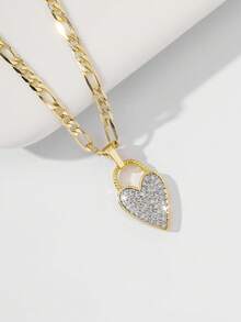 1pc Classic European Style Copper Inlaid Zirconia Heart Pendant Necklace, Limited Edition "Light Of Protection", Suitable As Gift For Christmas, Thanksgiving, Halloween, Mother's Day, Valentine's Day, Friends, Communion, Daily Wear, Prayer - Yellow Gold - View 3