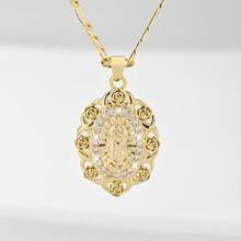 1pc Classic European Style Copper Inlaid Zirconia Rose Guadalupe Virgin Mary Pendant Necklace, Limited Edition, Suitable For Christmas, Thanksgiving, Halloween, Mother's Day, Valentine's Day, Gifts For Couples, Friends, Godparents, First Holy Communion, Daily Wear And Prayer - Yellow Gold - View 8