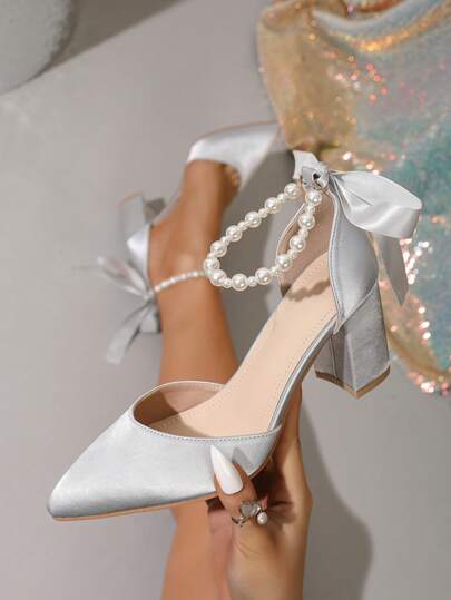 Women's Elegant High Heel Shoes, Fashion Pointed Toe Chunky Heel Faux Pearl Strap Bow Tie Hollow Out Comfortable Daily Versatile Party Wedding Ceremony Work Commute Dress Pants Shoes