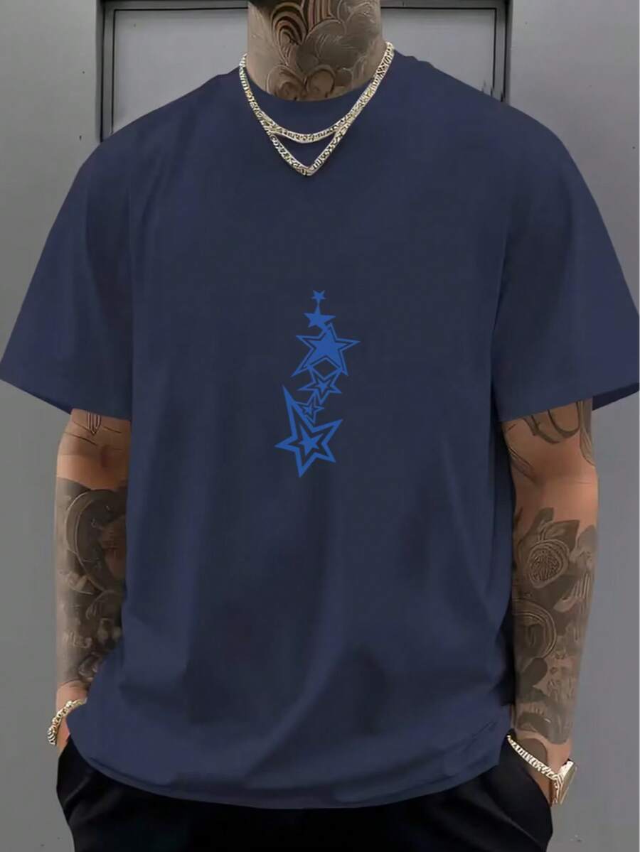 Essential Dark Blue Cotton T-shirt Blue Star Pattern Design - Azul Marino - Ver 1