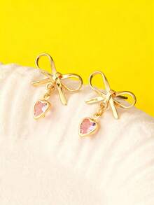 1 Pair Gold Bowknot Heart Pendant Earrings, Minimalist Pink Crystal Heart Pendant Earrings, Valentine's Day Bowknot Earring Jewelry, Gift For Girl, Wife, Girlfriend, Mother, Mother's Day - Bow Heart - View 5