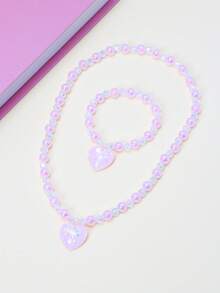 2pcs/Set Girls Cute Bow Heart Pendant Pearl Beaded Bracelet Necklace Jewelry Set, Suitable For Holiday Party, School, Birthday Gift