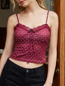 Women Y2k Camisole Tops Polka Dot Print Lace Trim Tie-Up Front Casual Cami Tops Spaghetti Strap Tank Tops Summer Fashion Sleeveless Slim Fitted Shirt Going Out Tops Club Streetwear Fairy Aesthetic Clothes - Red - View 2